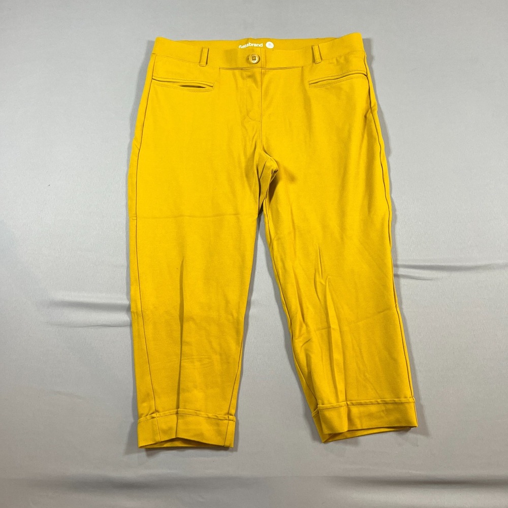 Betabrand Cropped Pants Womens XL Petite Yellow Stretch Belt Loops Cuffed Hem